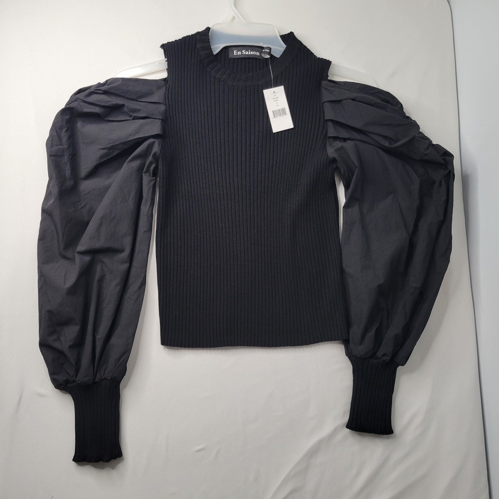 En Saison Top‎ Womens Medium Black Cold Shoulder Puff Sleeve Ribbed Minimalist